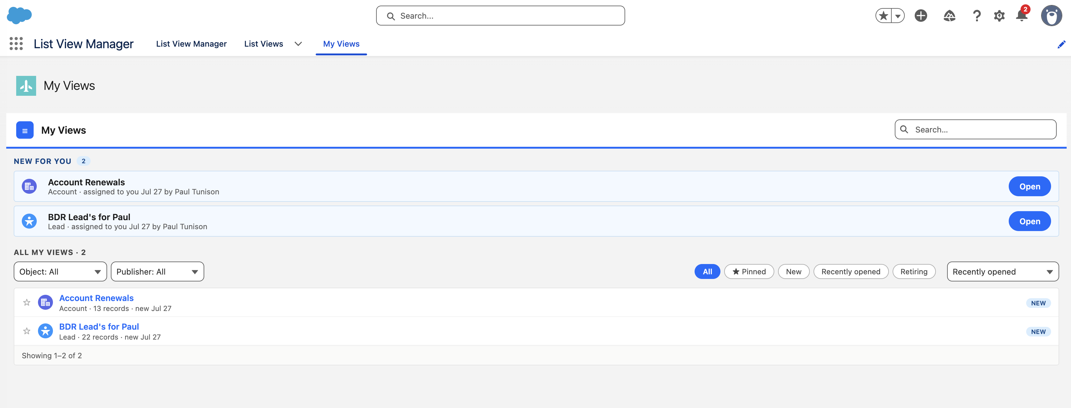 List View Manager showing My Views with newly assigned list views